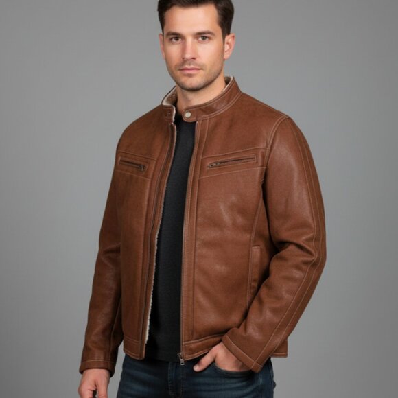 Guess Men's Faux Suede Shearling Biker Jacket Size XXL Brown - Picture 1 of 9